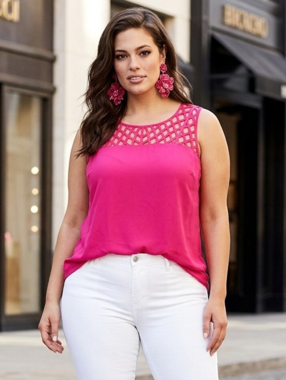 City Chic Hot Pink Sleeveless Lattice Yoke Top Blouse Plus Size 16/S